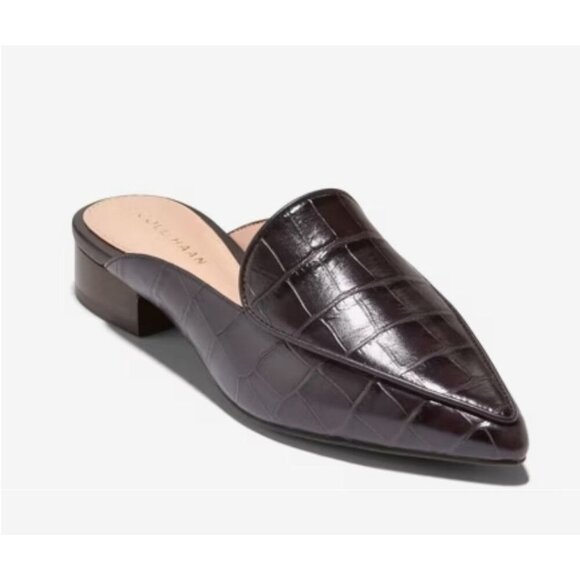 Cole Haan Piper Burgundy Croc-Embossed Leather Mules Block Heel Slip-On Womens - Picture 1 of 15